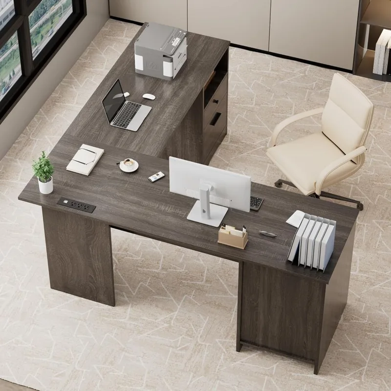 60 İnç Gri Ahşap L Şeklinde Of - Office Furniture Outlet incelemesi ve fiyatı